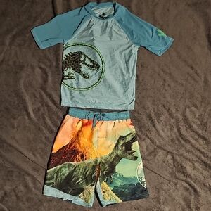 Jurassic World Boys Swim Set Size 10/12 – Rash Guard & Shorts – T-Rex Dinosaur